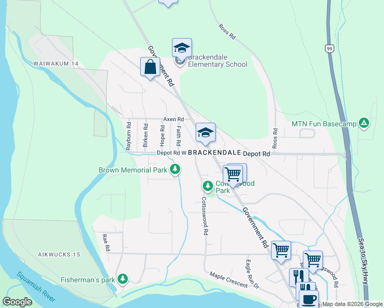 map of restaurants, bars, coffee shops, grocery stores, and more near 41789 Cottonwood Road in Squamish