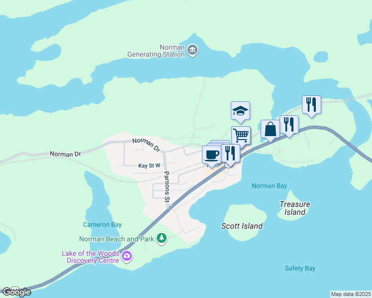 map of restaurants, bars, coffee shops, grocery stores, and more near 45 Norman Drive in Kenora