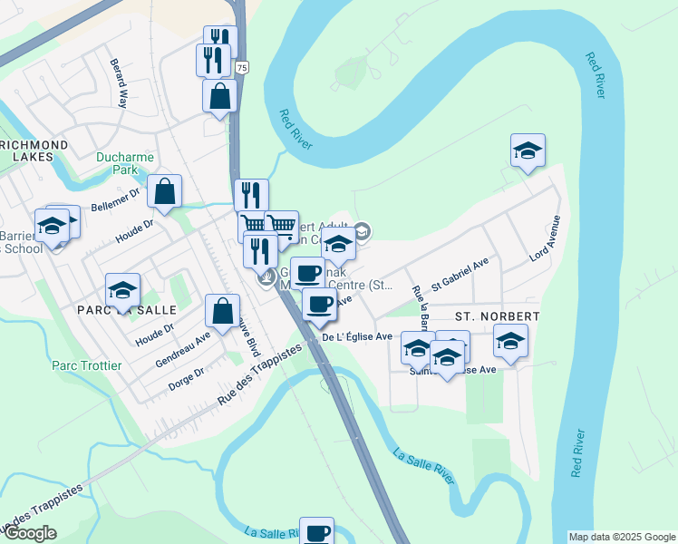 map of restaurants, bars, coffee shops, grocery stores, and more near 45 Avenue de la Digue in Winnipeg
