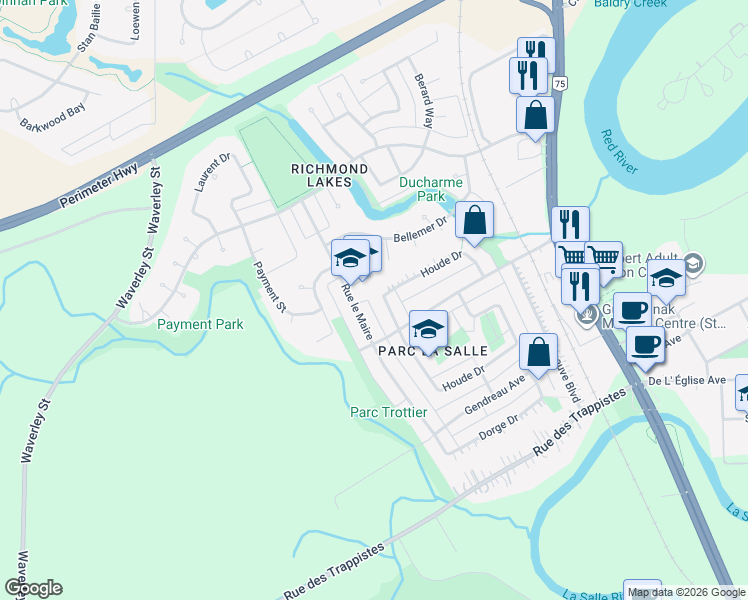 map of restaurants, bars, coffee shops, grocery stores, and more near 263 Houde Drive in Winnipeg
