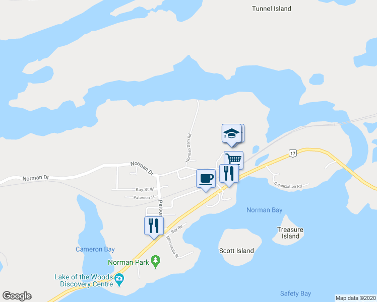 map of restaurants, bars, coffee shops, grocery stores, and more near 100 1st Avenue West in Kenora