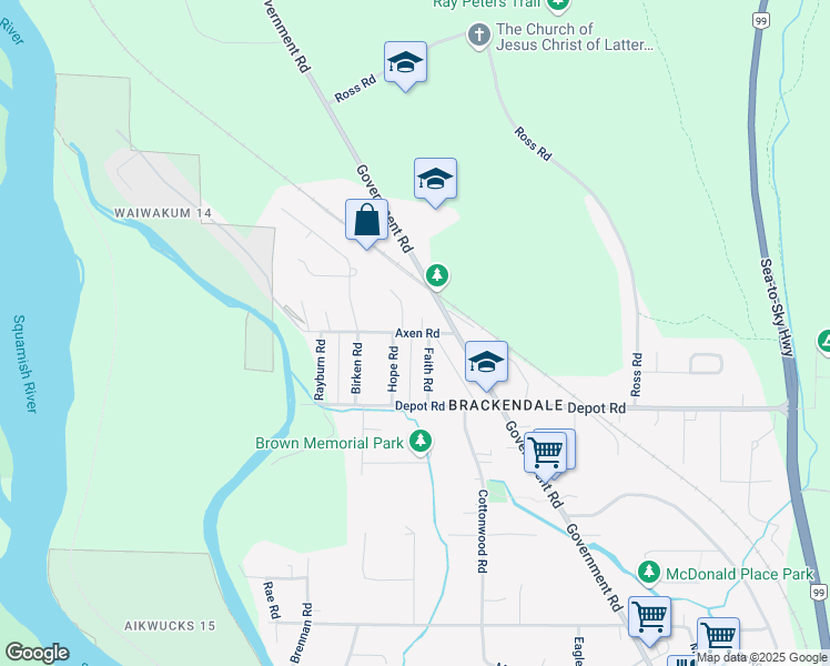 map of restaurants, bars, coffee shops, grocery stores, and more near 1163 Axen Road in Squamish