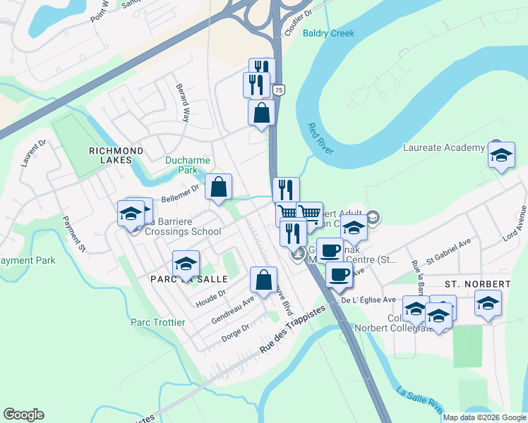 map of restaurants, bars, coffee shops, grocery stores, and more near 3451 Lord Selkirk Highway in Winnipeg