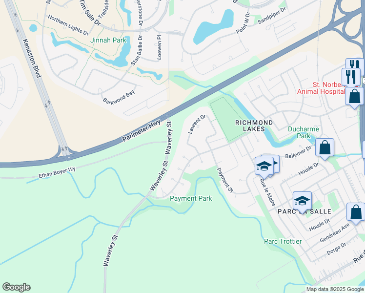 map of restaurants, bars, coffee shops, grocery stores, and more near 225 Laurent Drive in Winnipeg