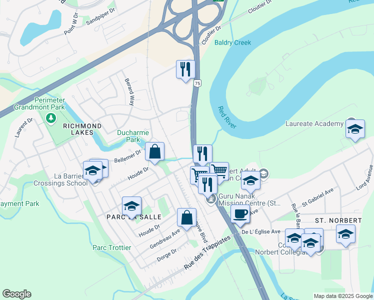 map of restaurants, bars, coffee shops, grocery stores, and more near 3411 Pembina Highway in Winnipeg