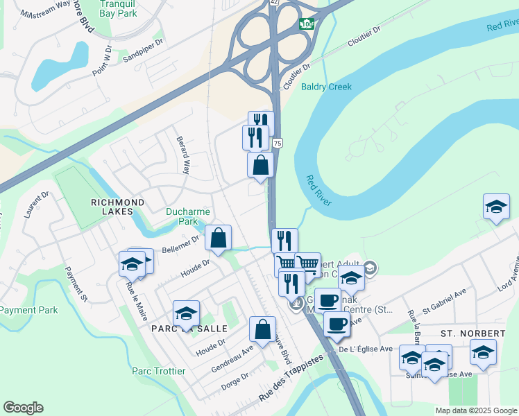 map of restaurants, bars, coffee shops, grocery stores, and more near 3385 Pembina Highway in Winnipeg
