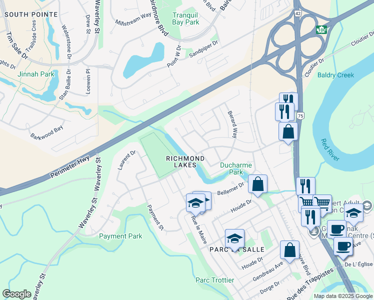map of restaurants, bars, coffee shops, grocery stores, and more near 15 Nolin Avenue in Winnipeg