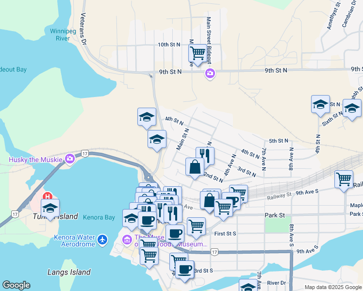 map of restaurants, bars, coffee shops, grocery stores, and more near 227 Main Street North in Kenora
