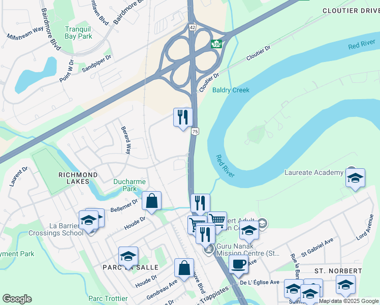 map of restaurants, bars, coffee shops, grocery stores, and more near in Winnipeg