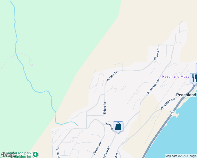 map of restaurants, bars, coffee shops, grocery stores, and more near Gerrie Road in Peachland