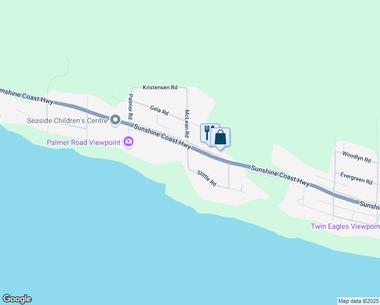 map of restaurants, bars, coffee shops, grocery stores, and more near 2092 McLean Road in Powell River