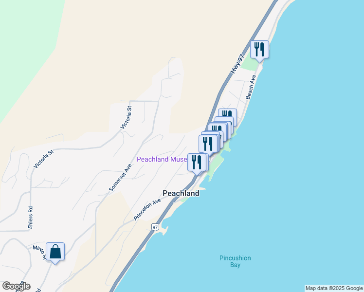 map of restaurants, bars, coffee shops, grocery stores, and more near 5831 Columbia Avenue in Peachland