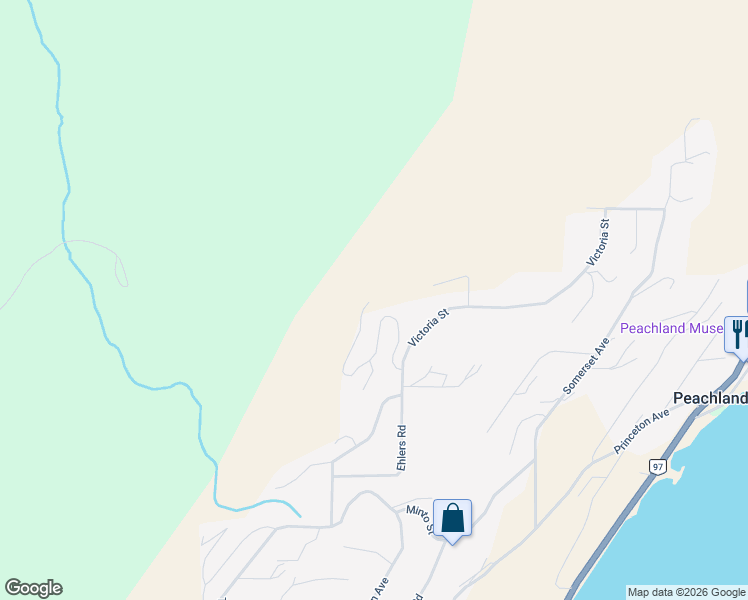 map of restaurants, bars, coffee shops, grocery stores, and more near Gerrie Road in Peachland