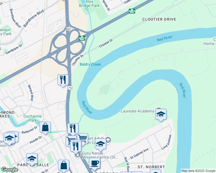 map of restaurants, bars, coffee shops, grocery stores, and more near 580 Christie Road in Winnipeg