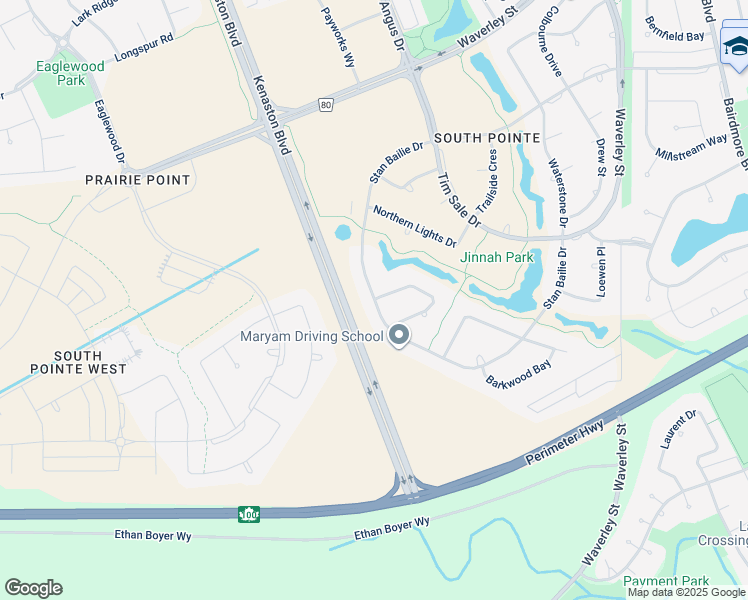 map of restaurants, bars, coffee shops, grocery stores, and more near Stan Bailie Drive in Winnipeg