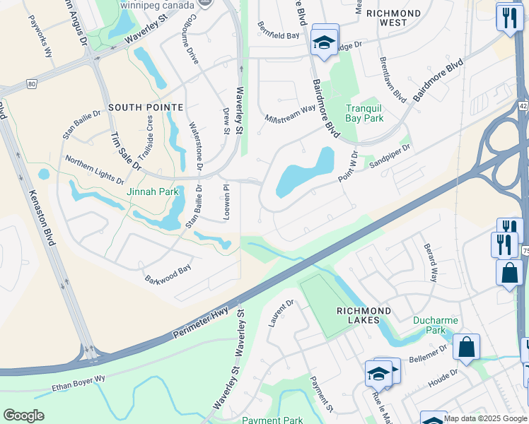 map of restaurants, bars, coffee shops, grocery stores, and more near 47 Braeside Place in Winnipeg