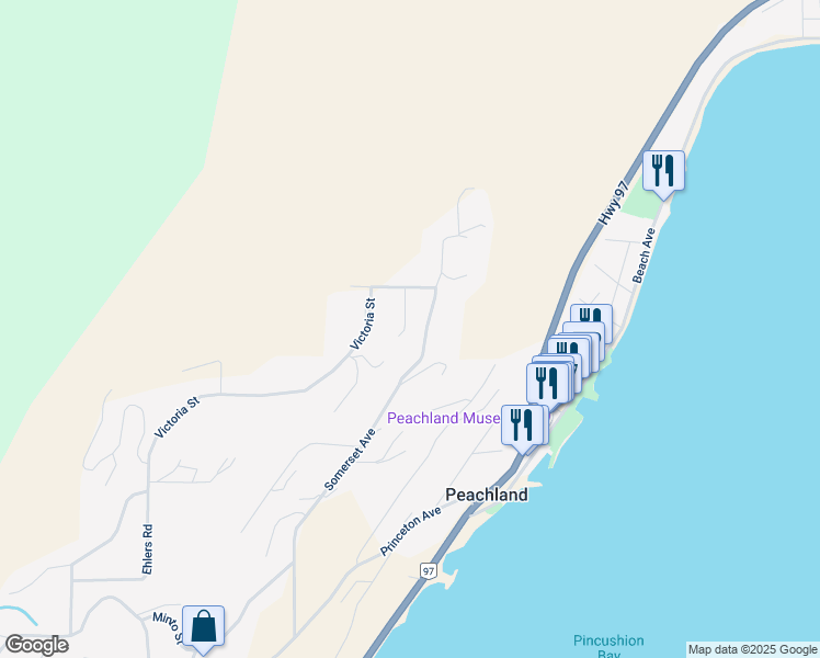 map of restaurants, bars, coffee shops, grocery stores, and more near 5762 Mackenzie Road in Peachland