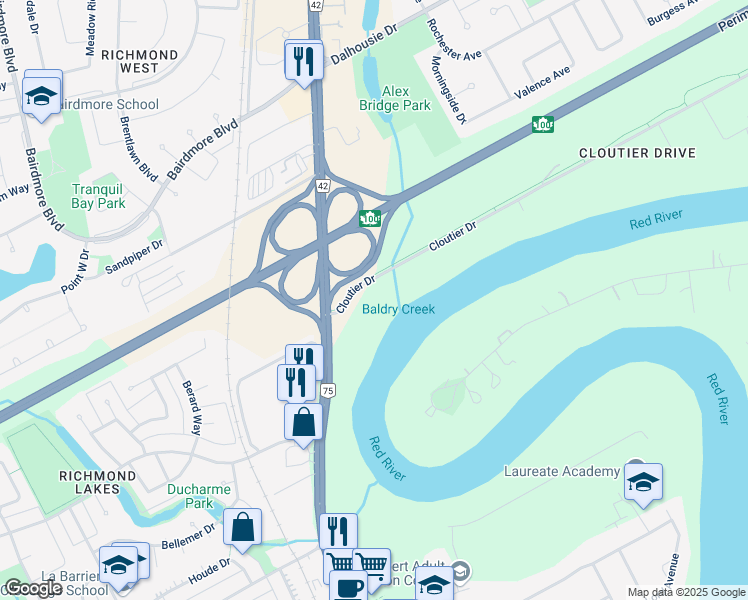 map of restaurants, bars, coffee shops, grocery stores, and more near 916 Cloutier Drive in Winnipeg