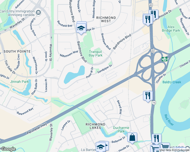 map of restaurants, bars, coffee shops, grocery stores, and more near 15 Sandpiper Drive in Winnipeg