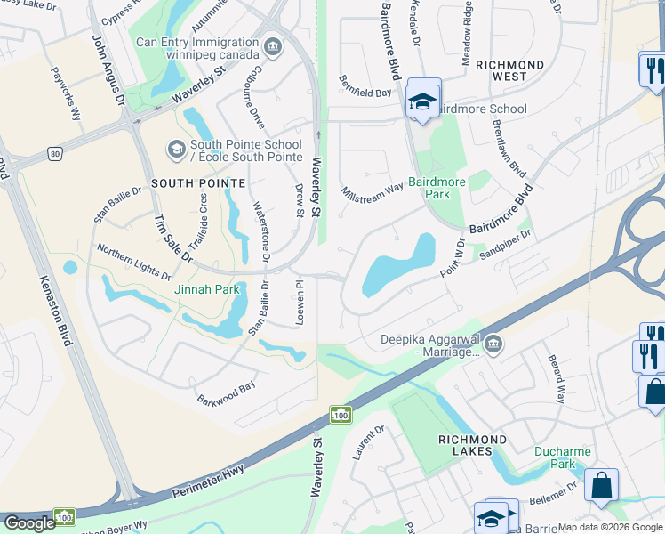map of restaurants, bars, coffee shops, grocery stores, and more near 15 Point West Way in Winnipeg