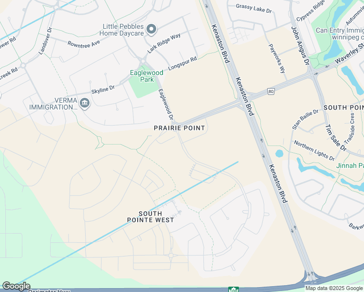 map of restaurants, bars, coffee shops, grocery stores, and more near 160 Eaglewood Drive in Winnipeg
