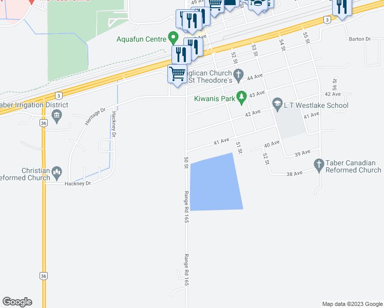 map of restaurants, bars, coffee shops, grocery stores, and more near 5008 41 Avenue in Taber