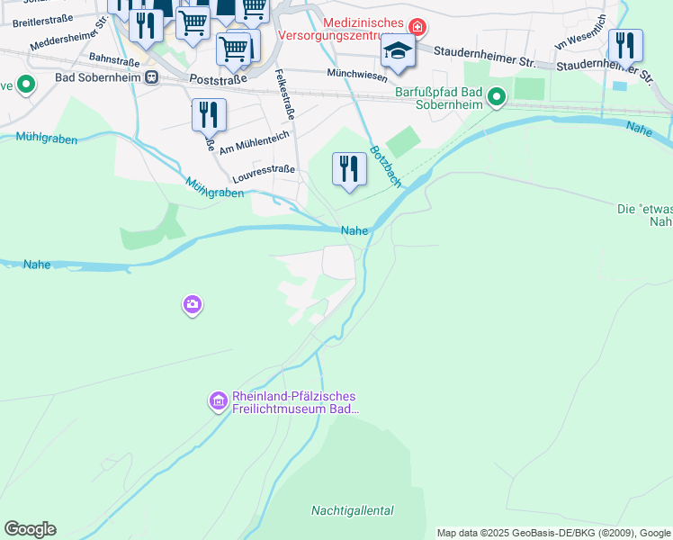 map of restaurants, bars, coffee shops, grocery stores, and more near 100 Felkestraße in Bad Sobernheim
