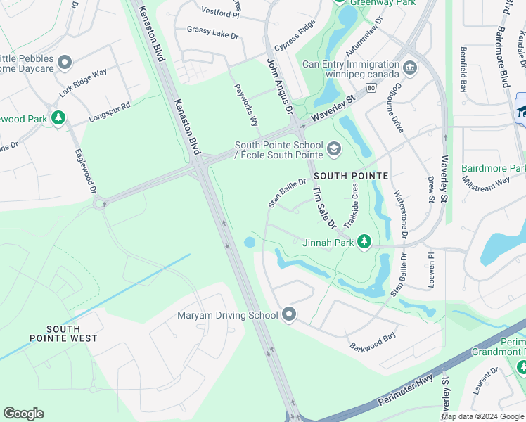 map of restaurants, bars, coffee shops, grocery stores, and more near Stan Bailie Drive in Winnipeg