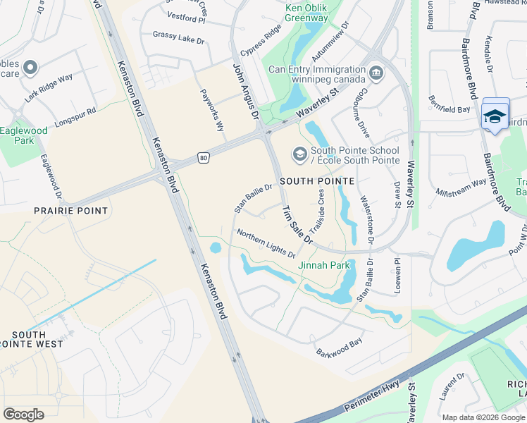 map of restaurants, bars, coffee shops, grocery stores, and more near Sunstone Bay in Winnipeg