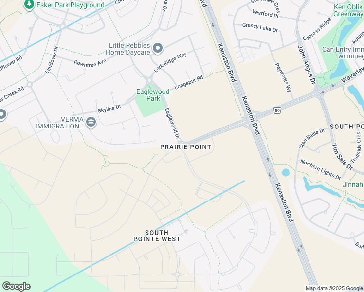 map of restaurants, bars, coffee shops, grocery stores, and more near 160 Eaglewood Drive in Winnipeg