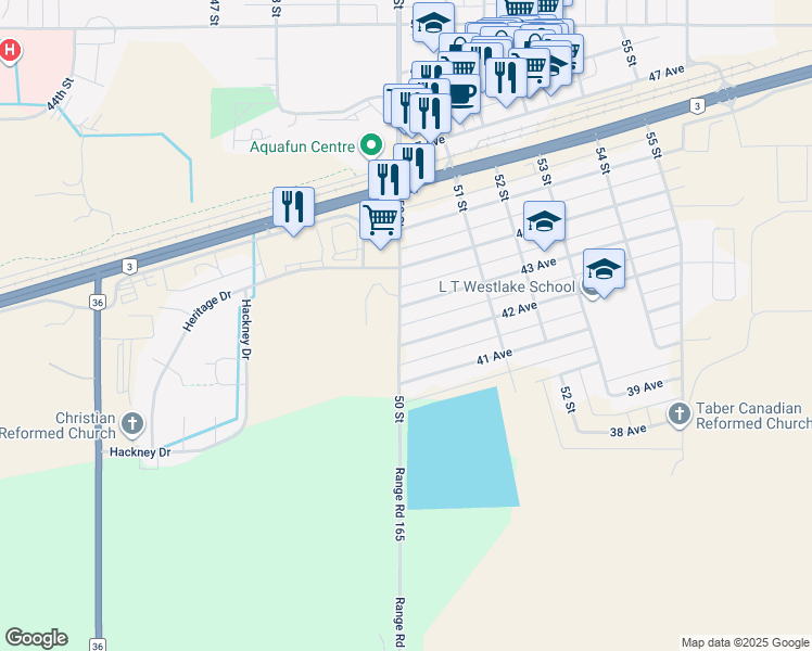 map of restaurants, bars, coffee shops, grocery stores, and more near 5007 43 Avenue in Taber