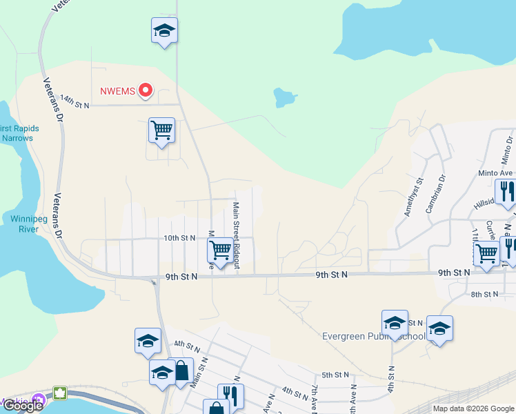 map of restaurants, bars, coffee shops, grocery stores, and more near 197 Scramble Avenue in Kenora
