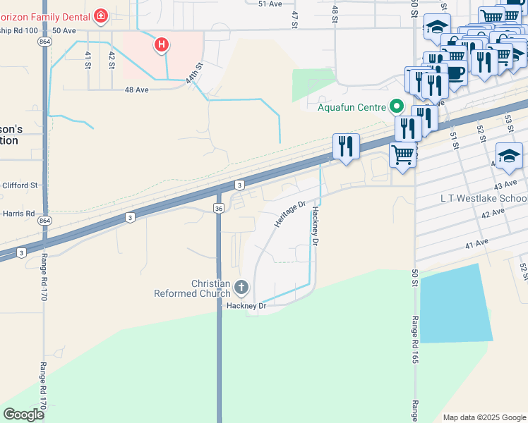 map of restaurants, bars, coffee shops, grocery stores, and more near 4501 Heritage Place in Taber