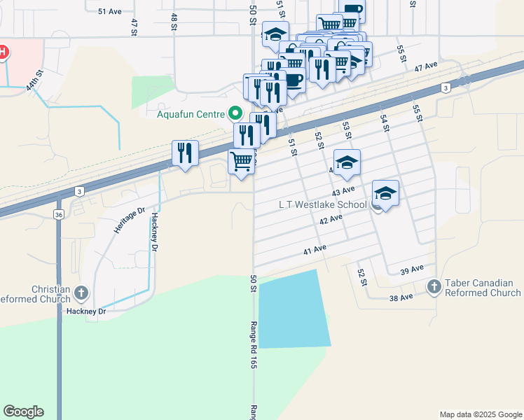 map of restaurants, bars, coffee shops, grocery stores, and more near 5007 43 Avenue in Taber