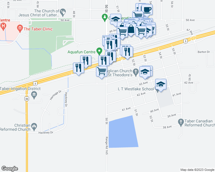 map of restaurants, bars, coffee shops, grocery stores, and more near 5004 44 Avenue in Taber