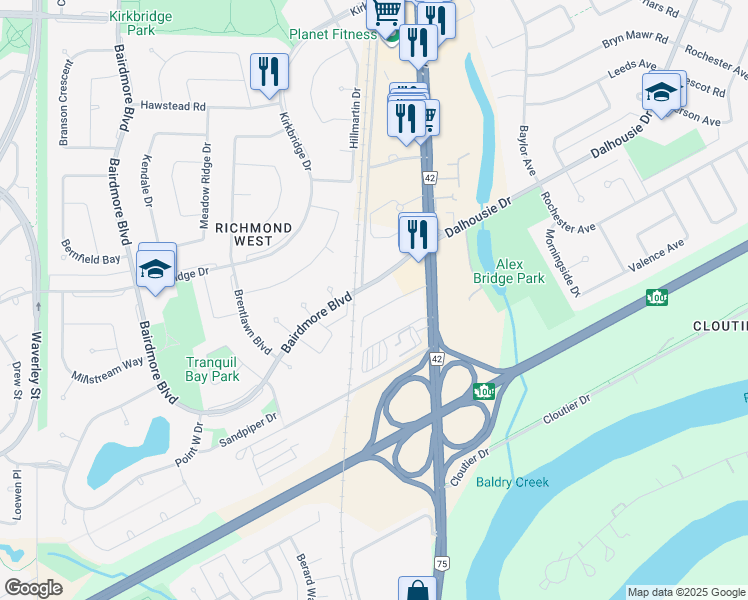 map of restaurants, bars, coffee shops, grocery stores, and more near 1043 Bairdmore Boulevard in Winnipeg
