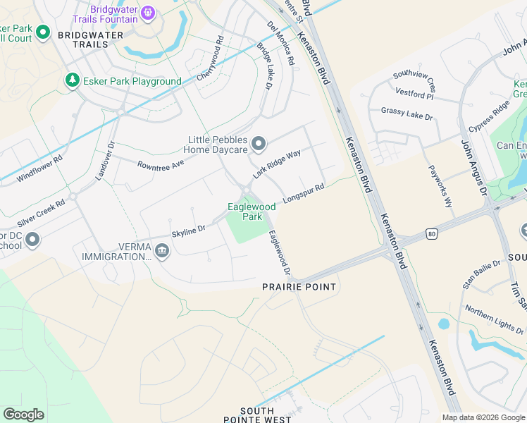 map of restaurants, bars, coffee shops, grocery stores, and more near Eaglewood Drive in Winnipeg