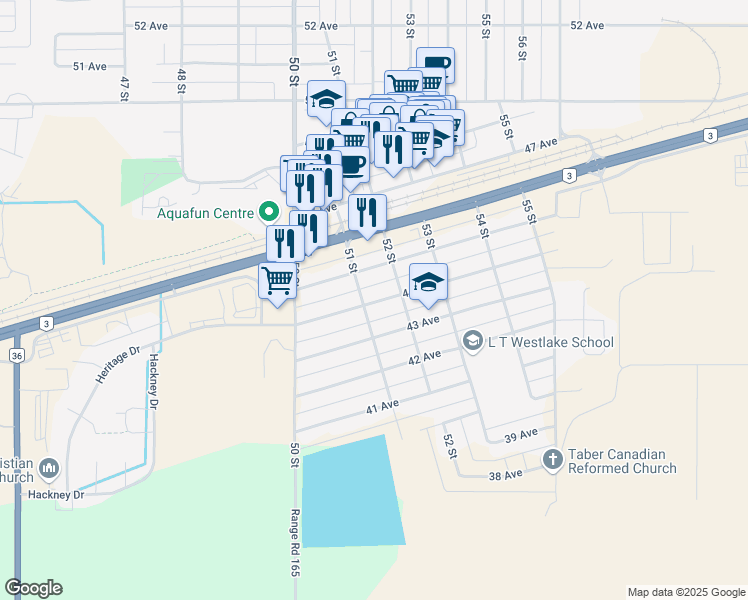 map of restaurants, bars, coffee shops, grocery stores, and more near 5107 44 Avenue in Taber