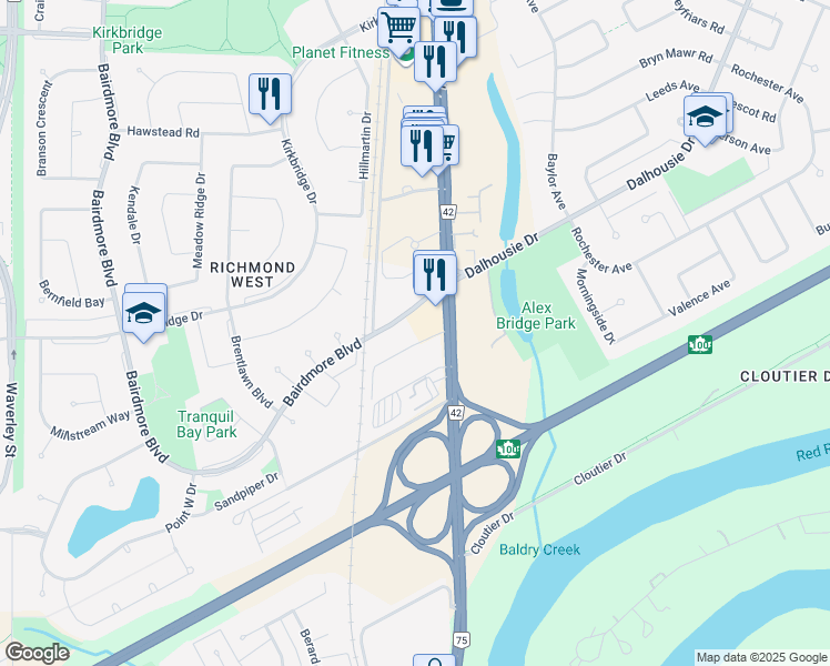 map of restaurants, bars, coffee shops, grocery stores, and more near 1047 Bairdmore Boulevard in Winnipeg