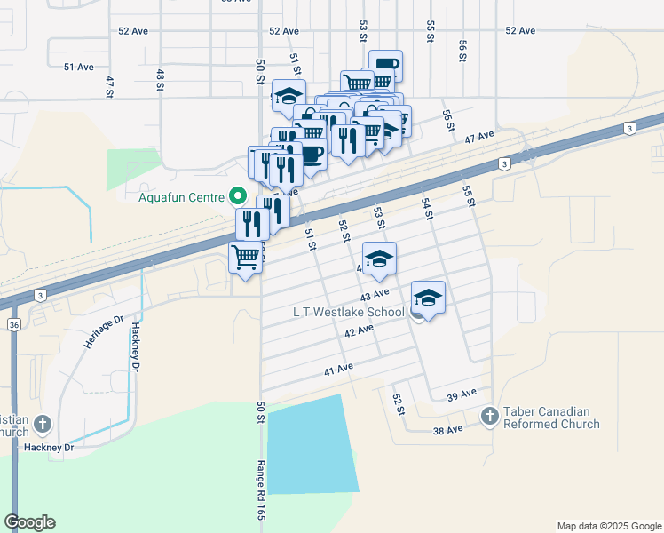 map of restaurants, bars, coffee shops, grocery stores, and more near 5107 44 Avenue in Taber