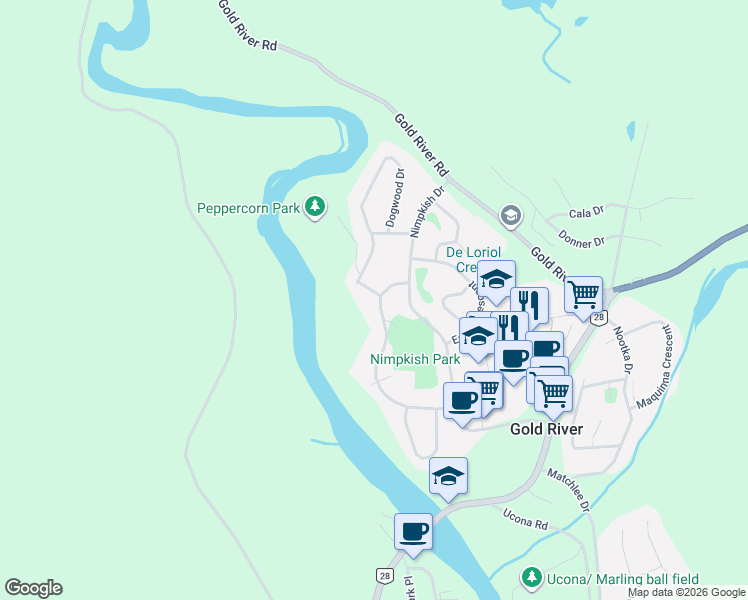 map of restaurants, bars, coffee shops, grocery stores, and more near 530 Dogwood Drive in Gold River