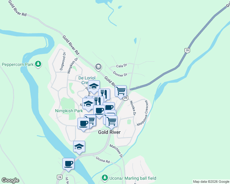 map of restaurants, bars, coffee shops, grocery stores, and more near 525 Muchalat Court in Gold River