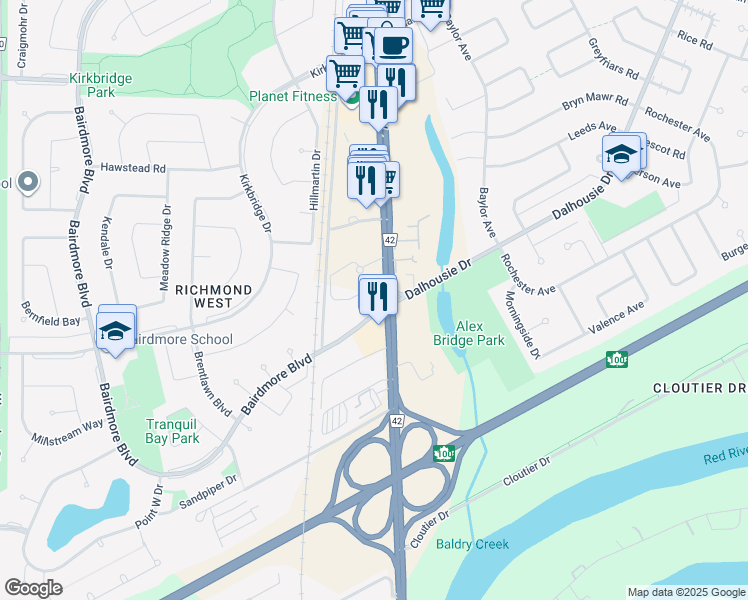 map of restaurants, bars, coffee shops, grocery stores, and more near 3033 Pembina Highway in Winnipeg