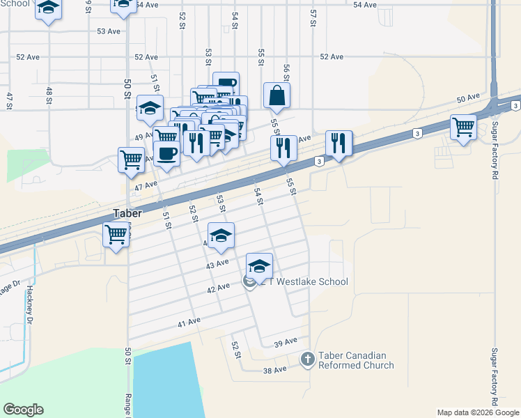map of restaurants, bars, coffee shops, grocery stores, and more near 5334 45 Avenue in Taber
