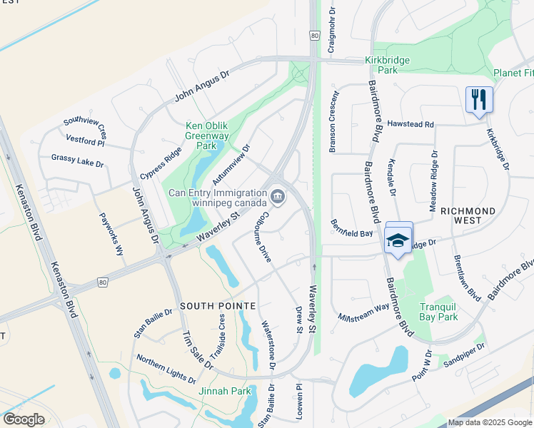 map of restaurants, bars, coffee shops, grocery stores, and more near Colbourne Drive in Winnipeg