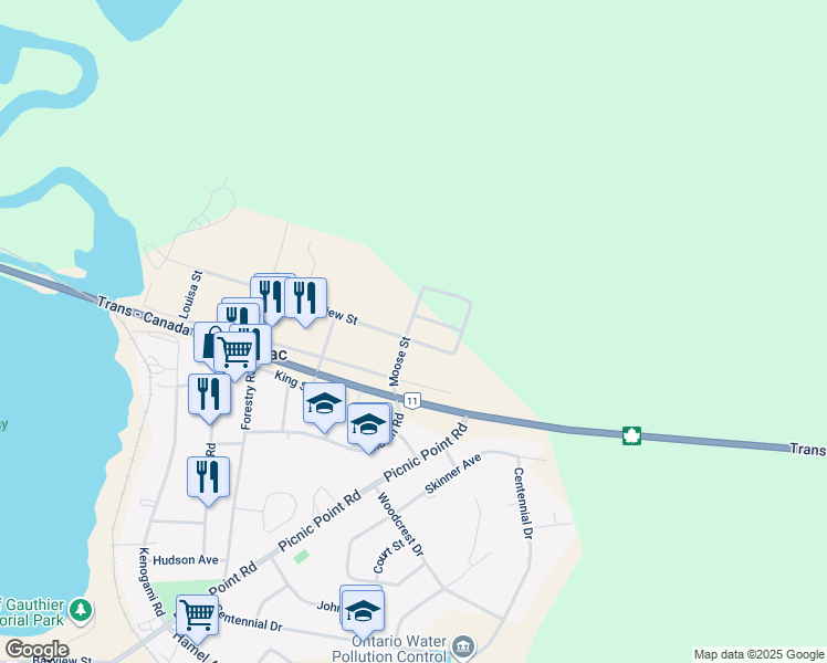 map of restaurants, bars, coffee shops, grocery stores, and more near 111 Moose Street in Longlac