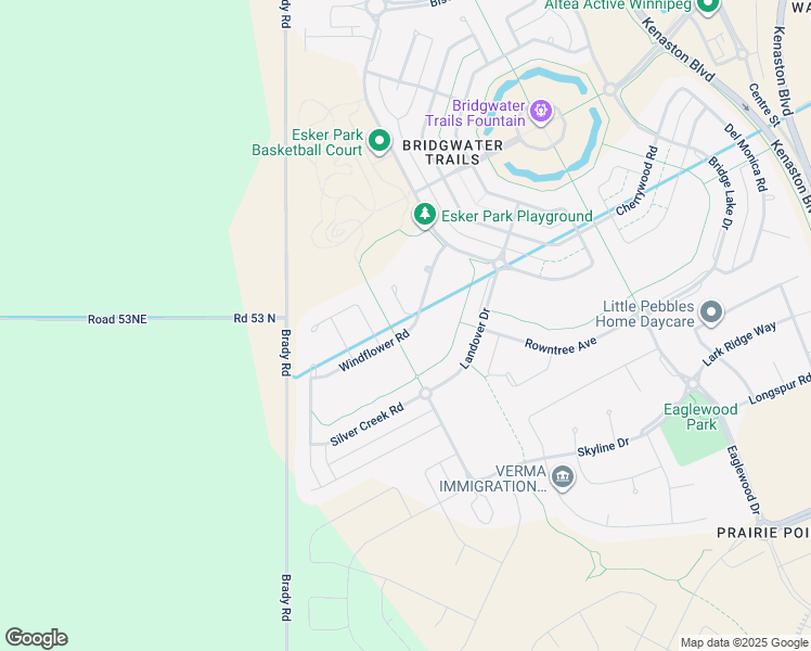 map of restaurants, bars, coffee shops, grocery stores, and more near Windflower Road in Winnipeg