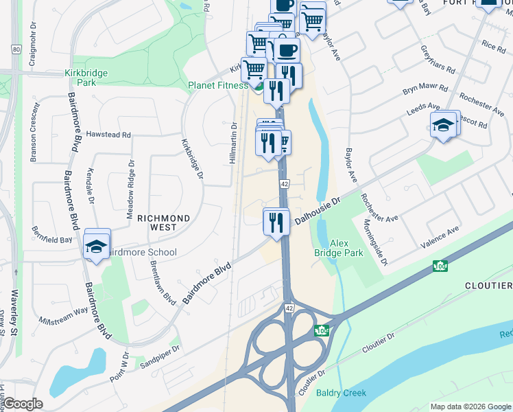 map of restaurants, bars, coffee shops, grocery stores, and more near 3009-3033 Pembina Hwy in Winnipeg