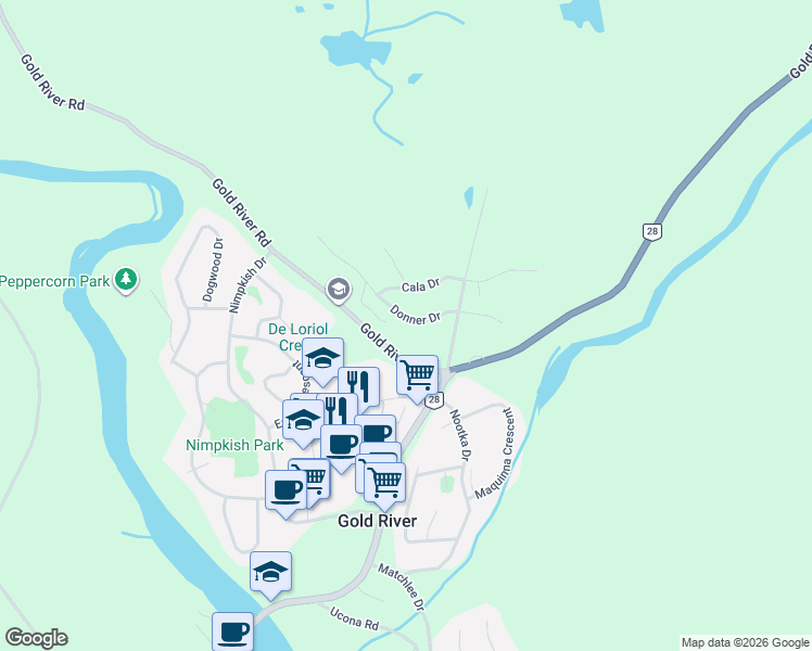 map of restaurants, bars, coffee shops, grocery stores, and more near 414 Donner Drive in Gold River