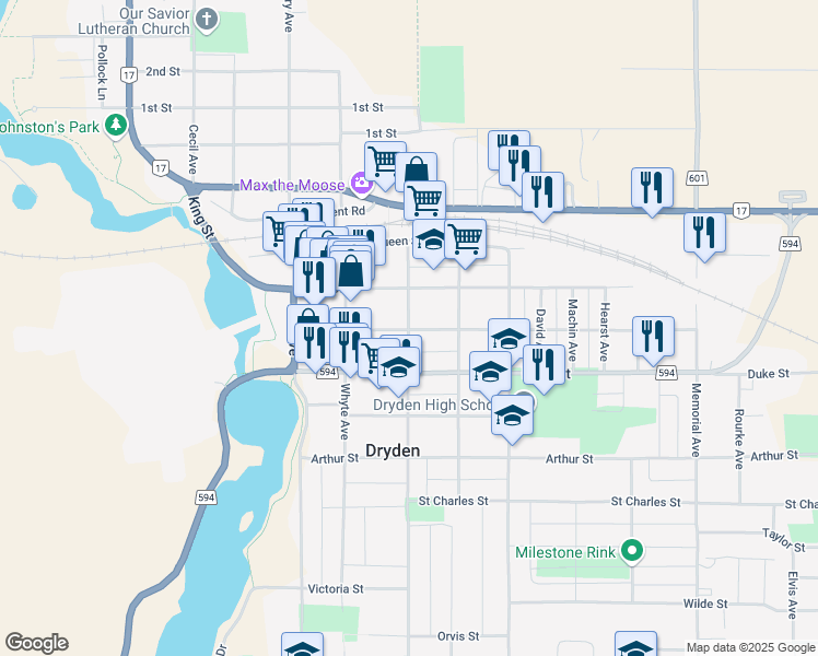 map of restaurants, bars, coffee shops, grocery stores, and more near 36 Van Horne Avenue in Dryden